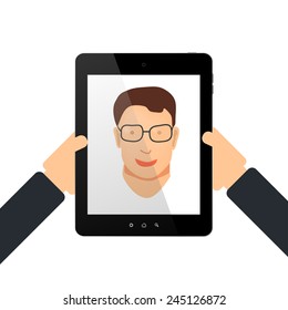 Self on the tablet with hands