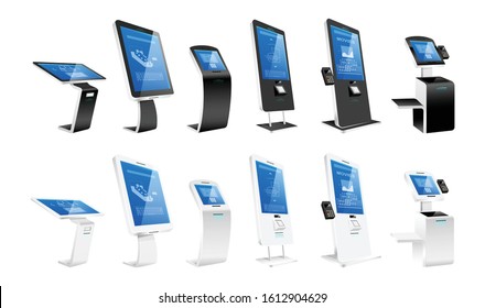 Self order kiosks realistic vector illustrations set. Modern interactive machines and internet software flat color objects. Payment terminals and atm constructions isolated on white background