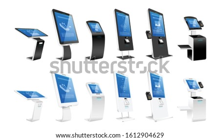 Self order kiosks realistic vector illustrations set. Modern interactive machines and internet software flat color objects. Payment terminals and atm constructions isolated on white background