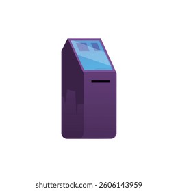 Self ordering and self payment kiosk. Floor standing interactive computer desk with screen. Customers checkout bankomat, buying ticket. Self post service terminal, banking system. Vector flat isolated