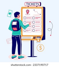 Self ordering service vector illustration. Cartoon man character buying ticket using info kiosk interactive pos terminal atm machine
