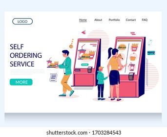 Self ordering service vector website template, landing page design for website and mobile site development. People using fast food restaurant self ordering kiosks.