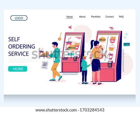 Self ordering service vector website template, landing page design for website and mobile site development. People using fast food restaurant self ordering kiosks.