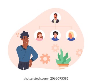 Self organization in society concept. Man stands in front of diagram and determines his position among people. Metaphor of self acceptance and personal development. Cartoon flat vector illustration