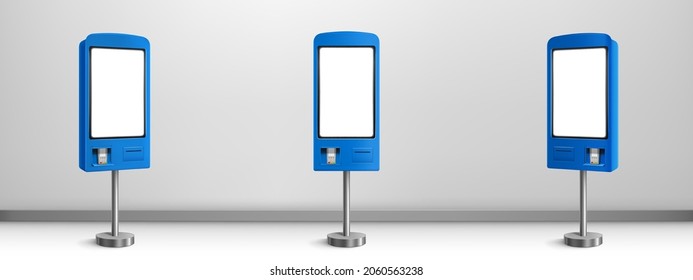 Self payment kiosk, order machine for fast food restaurant, cafe, market and store. Vector realistic 3d mockup of self service interactive terminal for electronic pay in front and angle view