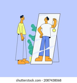 Self perception and self esteem. Flat vector illustration. Man dreaming about the future near the mirror. The guy wants to be an athlete. Narcissism, positive affirmations, psychology concept. 