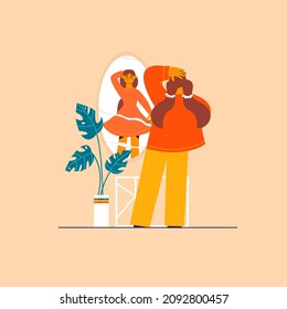 Self perception and self esteem.  Flat vector illustration. Fat girl wants to be slim. Young woman dreaming about the future near the mirror. Narcissism, positive affirmation, psychology concept. 