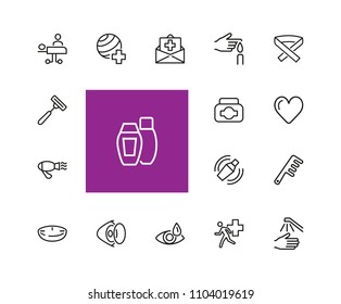 Self and personal care icons. Set of  line icons. Insurance, hairdressing, eye sight. Self care concept. Vector illustration can be used for topics like ophthalmology, health, medicine.