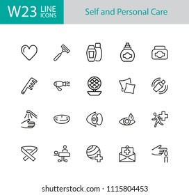 Self and personal care icons. Set of twenty line icons. Insurance, hairdressing, eye sight. Self care concept. Vector illustration can be used for topics like ophthalmology, health, medicine.