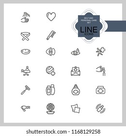 Self and personal care icons. Set of line icons. Insurance, hairdressing, eye sight. Self care concept. Vector illustration can be used for topics like ophthalmology, health, medicine.