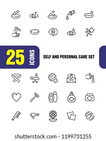 Self and personal care icons. Set of line icons. Insurance, hairdressing, eye sight. Self care concept. Vector illustration can be used for topics like ophthalmology, health, medicine.