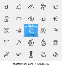 Self and personal care icons. Set of line icons. Insurance, hairdressing, eye sight. Self care concept. Vector illustration can be used for topics like ophthalmology, health, medicine.