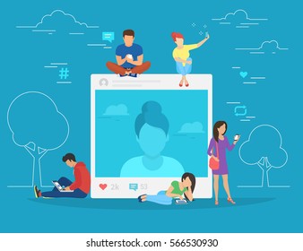 Self photo concept illustration of young woman taking photo and posting in social networks. Flat people sitting on big picture and leaving comments and likes for her post
