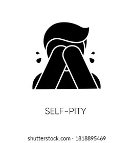 Self pity black glyph icon. Sad mental state, melancholy, depression silhouette symbol on white space. Feeling sorry for yourself, bad personality trait. Crying person vector isolated illustration