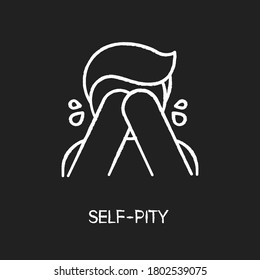 Self pity chalk white icon on black background. Sad mental state, melancholy, depression. Feeling sorry for yourself, bad personality trait. Crying person isolated vector chalkboard illustration