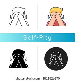 Self pity icon. Sad mental state, melancholy, depression. Linear black and RGB color styles. Feeling sorry for yourself, bad personality trait. Crying person isolated vector illustrations