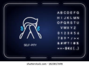 Self pity neon light icon. Outer glowing effect. Depression, melancholy sign with alphabet, numbers and symbols. Feeling sorry for yourself. Crying person vector isolated RGB color illustration