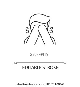 Self pity pixel perfect linear icon. Sad mental state, melancholy, depression thin line customizable illustration. Contour symbol. Crying person vector isolated outline drawing. Editable stroke