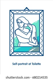 Self portrait at  toilet. Artist Serebryakova. The linear vector icon.