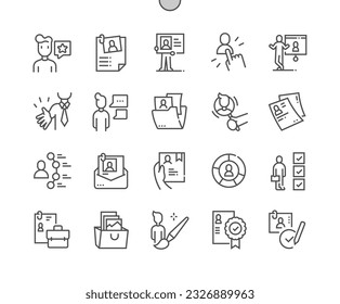 Self presentation. CV and resume. Open vacancy, portfolio, skills. Pixel Perfect Vector Thin Line Icons. Simple Minimal Pictogram