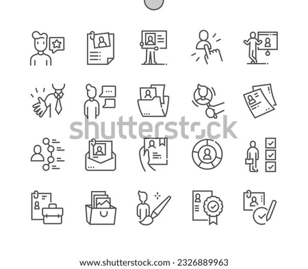 Self presentation. CV and resume. Open vacancy, portfolio, skills. Pixel Perfect Vector Thin Line Icons. Simple Minimal Pictogram