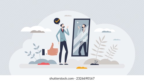 Self presentation and learning how to introduce yourself tiny person concept. Mirroring for good look, appearance and visual style vector illustration. Confidence and personality impression training.