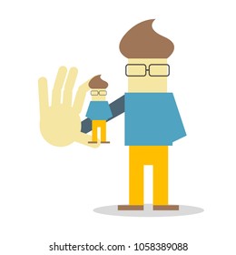 Self presentation. Young character holding his 3D model on the palm flat editable vector illustration, clip art