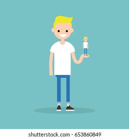 Self presentation. Young character holding his 3D model on the palm / flat editable vector illustration, clip art