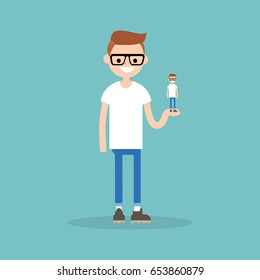 Self presentation. Young character holding his 3D model on the palm / flat editable vector illustration, clip art