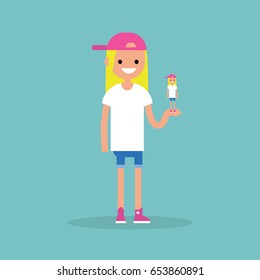 Self presentation. Young female character holding her 3D model on the palm / flat editable vector illustration, clip art