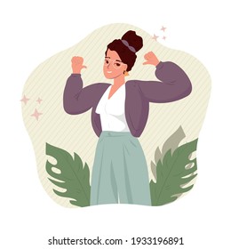 Self pride, self-acceptance, positive self-image concept vector illustration. Proud, confident, happy woman pointing oneself with fingers. Self-concept, esteem, positive self-perception, social role.