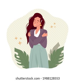 Self pride, self-acceptance, positive self-image and confidence concept vector illustration on a white. Cute woman hugging herself. Self love concept, esteem, positive self-perception, social role.