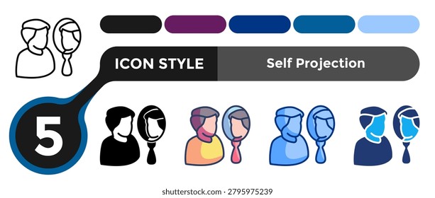 Self Projection icon for illustrating imagined self-representation systems, future identity visualization, and personal foresight concepts. Line, Filled, Color, Dualtone style.