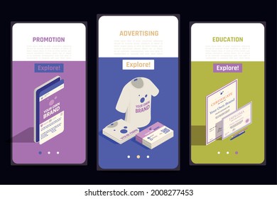 Self promotion branding strategies isometric mobile screens set with education marketing degree diploma corporate identity vector illustration