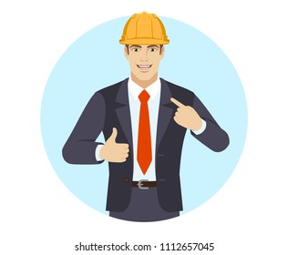 Self promotion. Businessman in construction helmet  pointing the finger at himself and showing thumb up. Portrait of businessman in a flat style. Vector illustration.