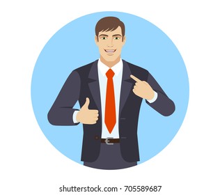 Self promotion. Businessman pointing the finger at himself and showing thumb up. Portrait of businessman in a flat style. Vector illustration.