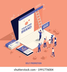 Self Promotion Own Brand Building Creating Personal Website Reaching Target Market Customers Isometric Background Composition Vector Illustration