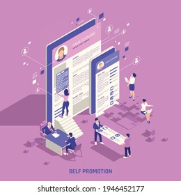 Self promotion personal branding strategic marketing skills building social network online presence isometric background composition vector illustration 