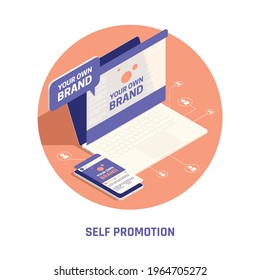 Self promotion your own brand building network marketing isometric circular background composition with personal webpage vector illustration