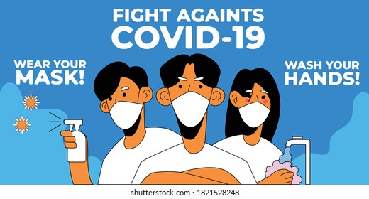 Grupo de personas que luchan contra los gigantes Covid-19. Usa Máscara Y Lávate Las Manos