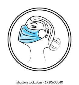 Self protection illustration of a female wearing disposable face mask