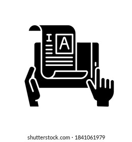 Self publishing black glyph icon. Digital article. Copywriter document. Professional journalist. Independent author. Write report. Silhouette symbol on white space. Vector isolated illustration