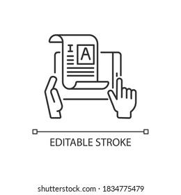 Self publishing linear icon. Digital article. Professional journalist. Independent author. Thin line customizable illustration. Contour symbol. Vector isolated outline drawing. Editable stroke