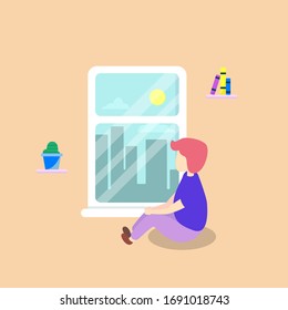 Self quarantine with boy looking the window design illustration, can be used for many purpose.