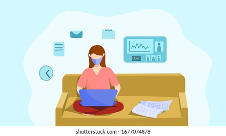 Self- quarantine concept : Work from home, A woman working with his laptop on the sofa wearing medical mask during quarantine, Prevent infection spreading. Vector illustration. Flat design