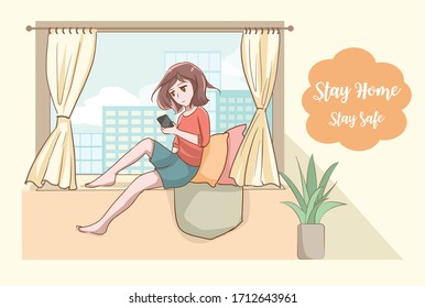 self quarantine at home during pandemic coronavirus (Covid-19 or 2019-ncov) Infographic concept stay home stay safe