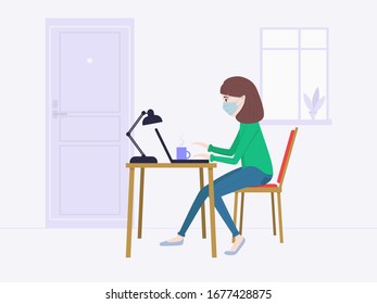 Ilustración de cuarentena automática en estilo plano: trabajar desde casa. Mujer trabajando con su laptop usando máscara médica durante la cuarentena. Evitar la propagación de la infección. Ilustración vectorial.