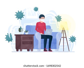 self quarantine and isolation, Corona virus - staying at home. pandemic of coronavirus Isolation period, Home Quarantine. man wearing medical mask works on a laptop. Freelance or distance education