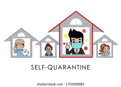Self quarantine st stay home for protection against coronavirus (COVID-19). Social distancing with cute cartoon character. -Vector