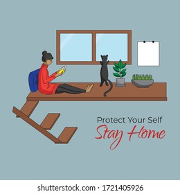 self quarantine, stay at home concept. the girl is reading book in a room. vector illustration